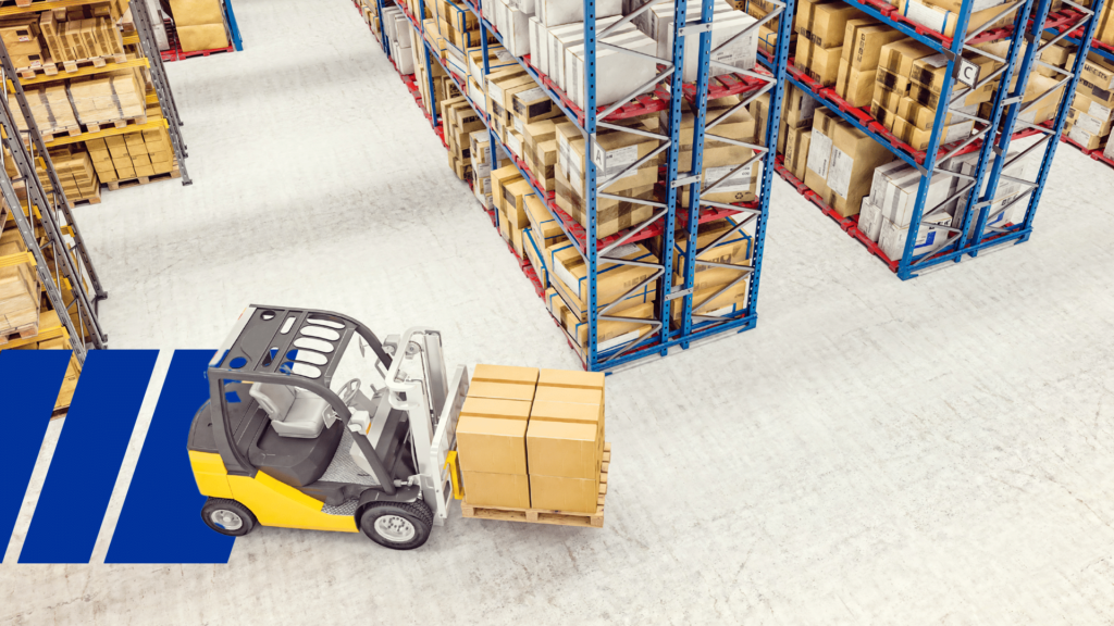A forklift managing inventory inside a storage and warehousing facility.